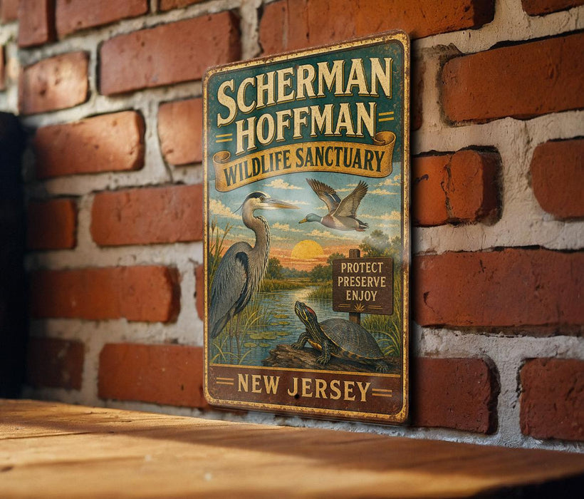 A vintage-style metal sign for the "Scherman Hoffman Wildlife Sanctuary" is displayed on a brick wall, featuring illustrations of birds and a turtle.