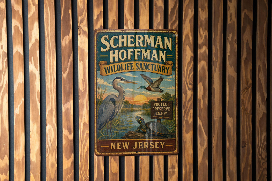 A vintage-style metal sign for the Hermann Wildlife Sanctuary in New Jersey, featuring illustrations of birds and a turtle.