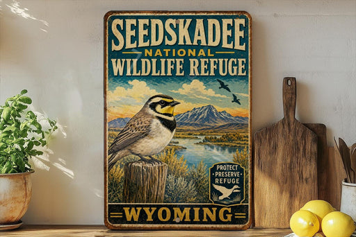 A vintage-style sign for Seedskadee National Wildlife Refuge in Wyoming, featuring a bird perched on a tree stump against a scenic landscape.