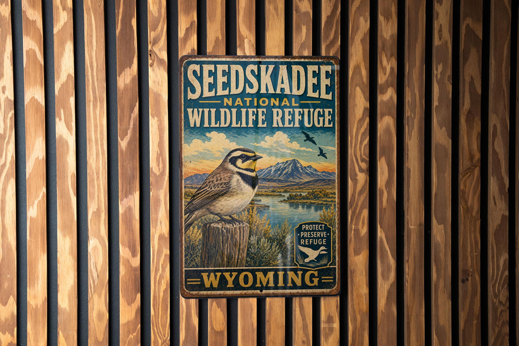 A vintage-style metal sign for the Seedskadee National Wildlife Refuge in Wyoming, featuring a bird perched on a tree stump against a scenic landscape.