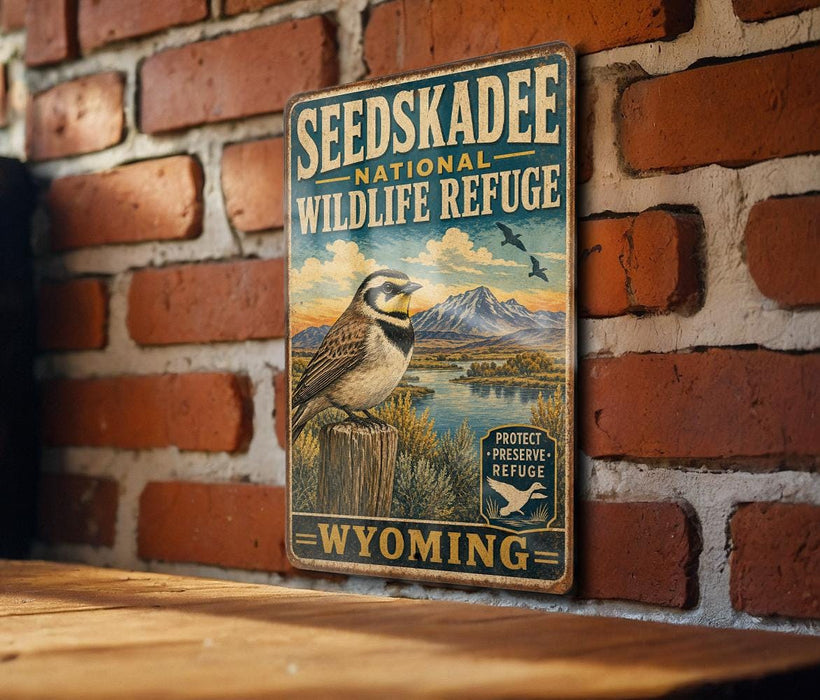 A vintage-style metal sign for the Seedskadee National Wildlife Refuge in Wyoming, featuring a bird perched on a tree stump against a scenic landscape.