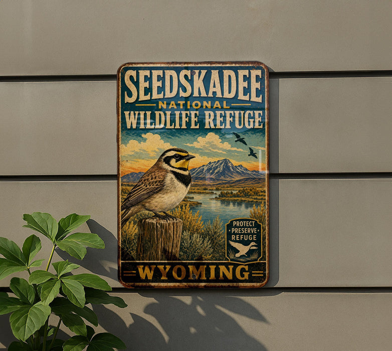 a vintage-style sign for the Seedskadee National Wildlife Refuge in Wyoming, with a bird perched on a tree stump in the background.