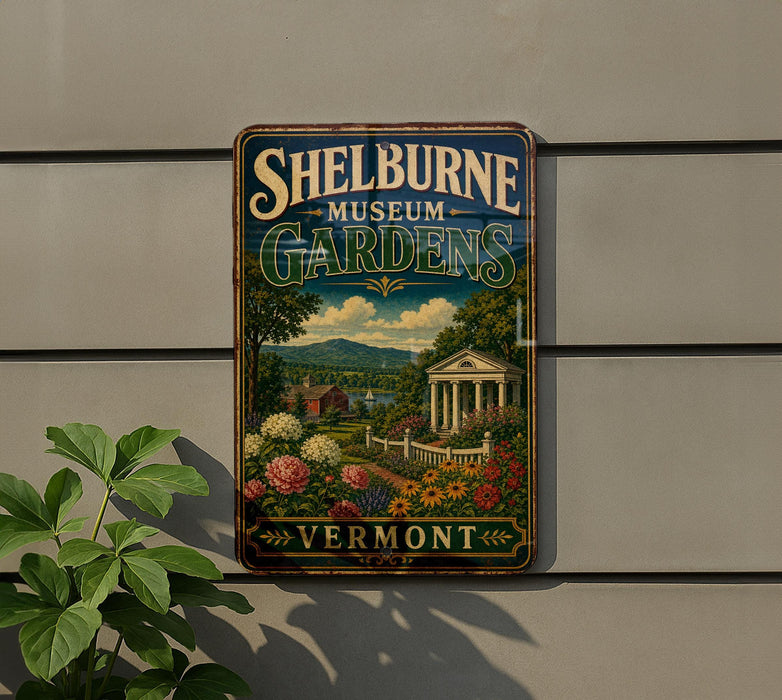 A vintage-style metal sign for Shelburne Museum Gardens in Vermont, featuring a scenic landscape with a building, flowers, and greenery.