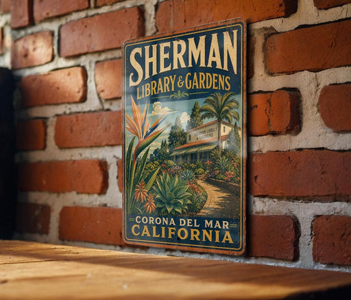 A vintage-style metal sign for Sherman Library & Gardens in Corona, California, featuring a tropical garden scene with palm trees and other plants.