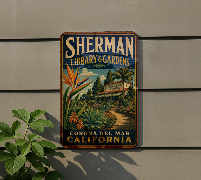 A vintage-style sign for the Sherman Library & Gardens in Corona, California, featuring a tropical garden scene with palm trees and colorful flowers.