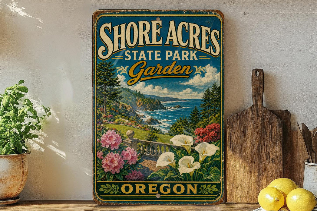 A vintage-style sign for Shore Acres State Park Garden in Oregon, featuring a scenic landscape with a garden, ocean, and mountains.