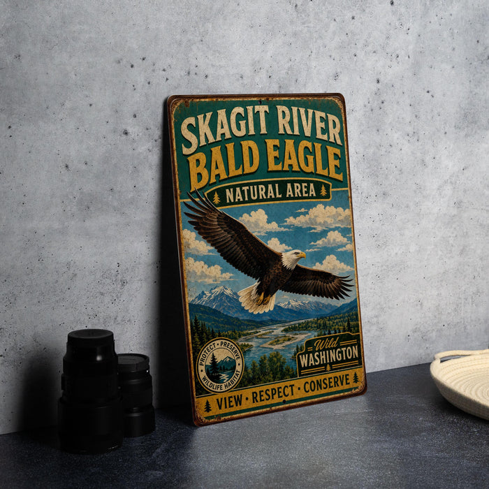 A vintage-style metal sign for the Skagit River Bald Eagle, featuring an illustration of an eagle in flight and the text "Skagit River Bald Eagle Natural Area" and "Wild Washington".