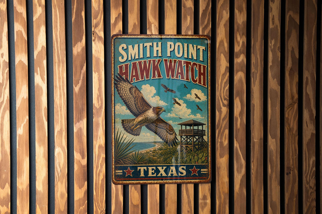 A vintage metal sign for Smith Point Hawk Watch in Texas, featuring an illustration of a hawk in flight and a lookout tower.