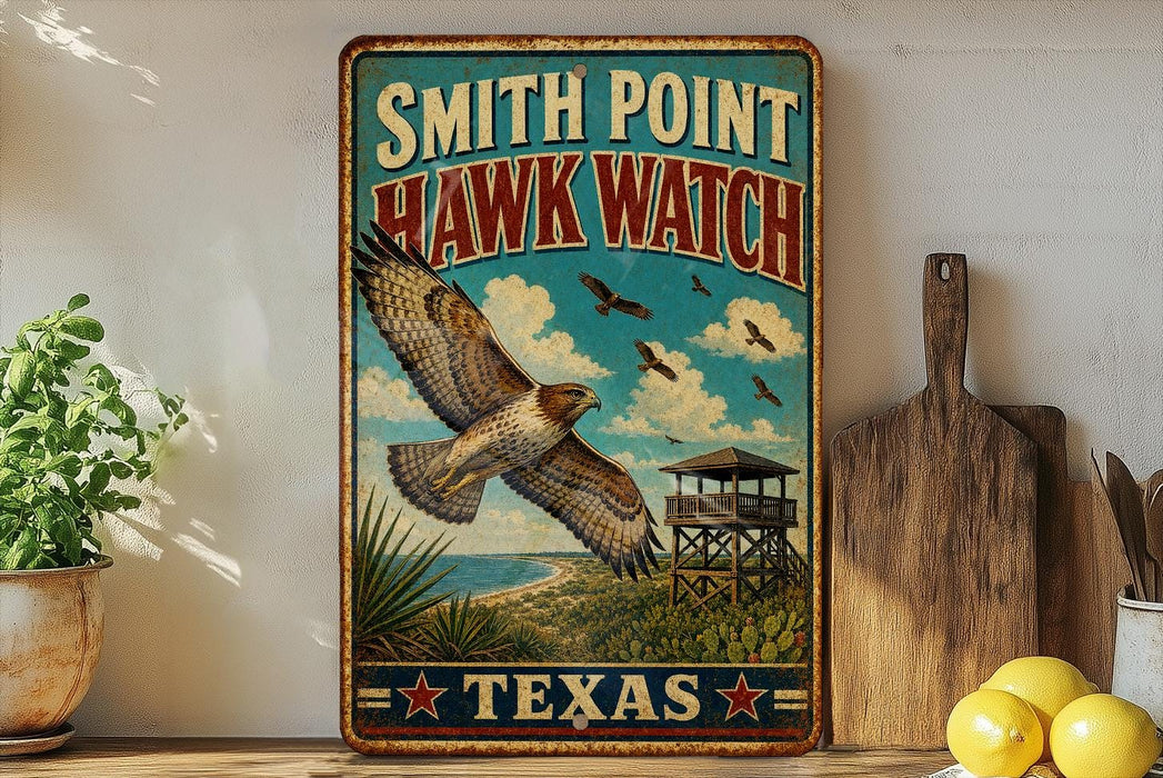 A vintage-style sign for Smith Point Hawk Watch in Texas, featuring an illustration of a hawk in flight and a lookout tower.