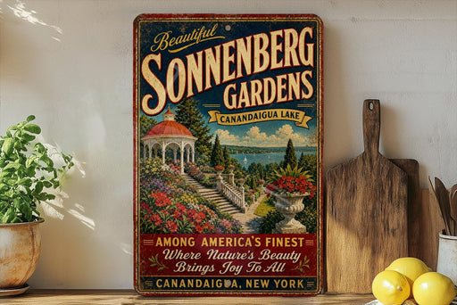 A vintage-style sign for Sonnenberg Gardens in Canandaigua, New York, featuring a scenic image of the gardens with a gazebo and a lake in the background.