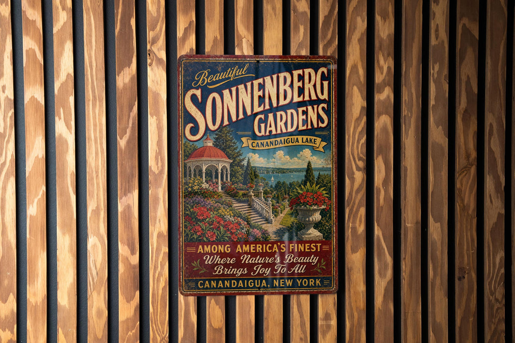 A vintage-style metal sign for Sonnenberg Gardens in Canandaigua Lake, New York, featuring a scenic illustration of the gardens and a red-roofed gazebo.
