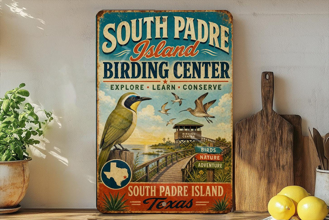 A vintage-style sign for the South Padre Island Birding Center, featuring a bird illustration and a wooden sign with the text "South Padre Island Birding Center" and "South Padre Island, Texas".