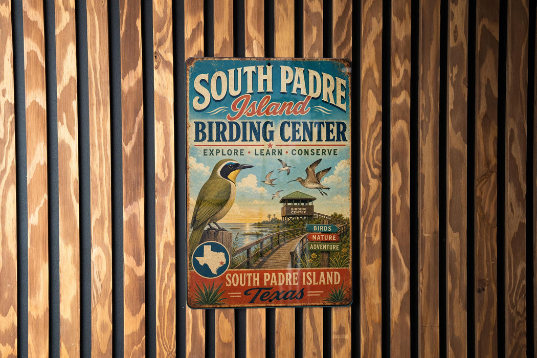 A vintage-style metal sign for the South Padre Island Birding Center, featuring a bird illustration and text promoting birdwatching and conservation.