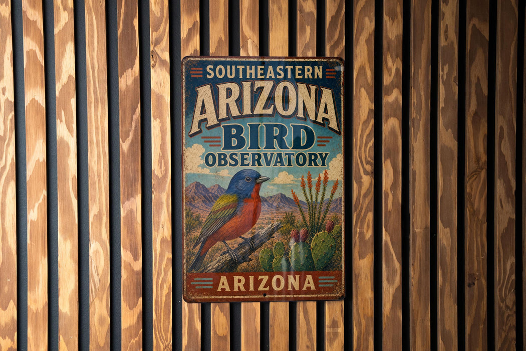 A vintage metal sign for the Southeastern Arizona Bird Observatory, featuring a colorful illustration of a bird and desert landscape.