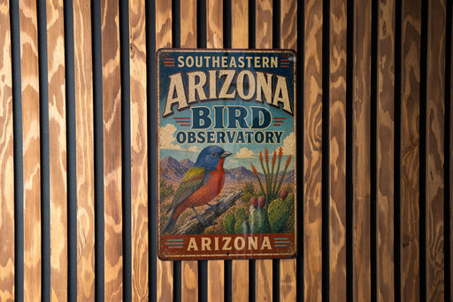 A vintage metal sign for the Southeastern Arizona Bird Observatory, featuring a colorful illustration of a bird and desert landscape.