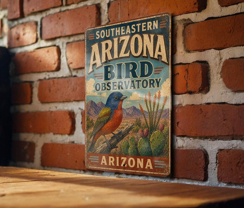 A vintage-style metal sign with the text "SOUTHERN ARIZONA BIRD OBSERVATORY" and an illustration of a colorful bird in a desert landscape.