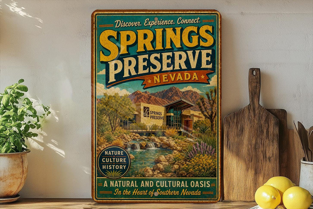 A vintage-style poster advertising Springs Preserve, Nevada, featuring a scenic landscape with a building and a waterfall.