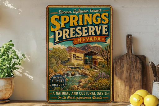 A vintage-style poster advertising Springs Preserve, Nevada, featuring a scenic landscape with a building and a waterfall.