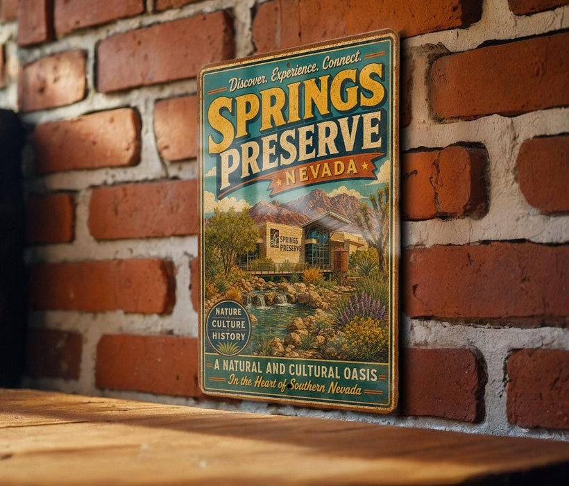 A vintage-style metal sign for Springs Preserve, Nevada, mounted on a brick wall.