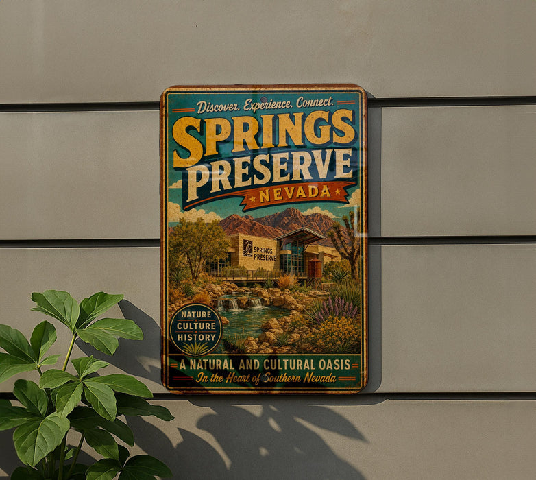 A vintage-style metal sign for Springs Preserve, Nevada, featuring a scenic landscape with mountains, a river, and a building.