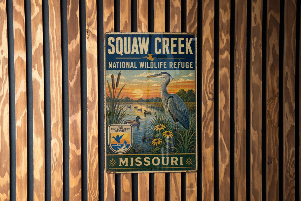 A vintage-style metal sign for Squaw Creek National Wildlife Refuge in Missouri, featuring an illustration of a bird and a serene landscape.