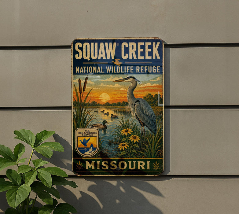 A vintage-style sign for Squaw Creek National Wildlife Refuge in Missouri, featuring an illustration of a heron and a sunset over a body of water.