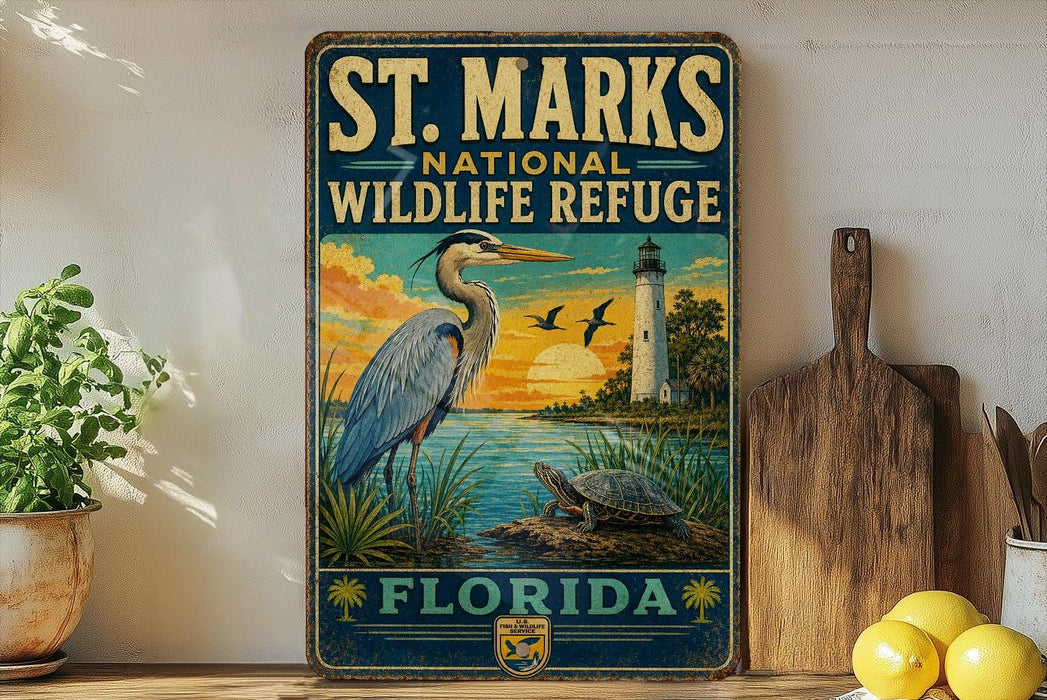 A vintage-style sign for St. Marks National Wildlife Refuge in Florida, featuring a large blue heron and a lighthouse in the background.