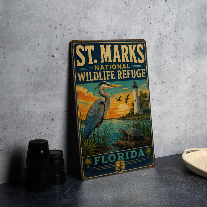 A vintage-style metal sign for St. Marks National Wildlife Refuge in Florida, featuring an illustration of a heron and a lighthouse.