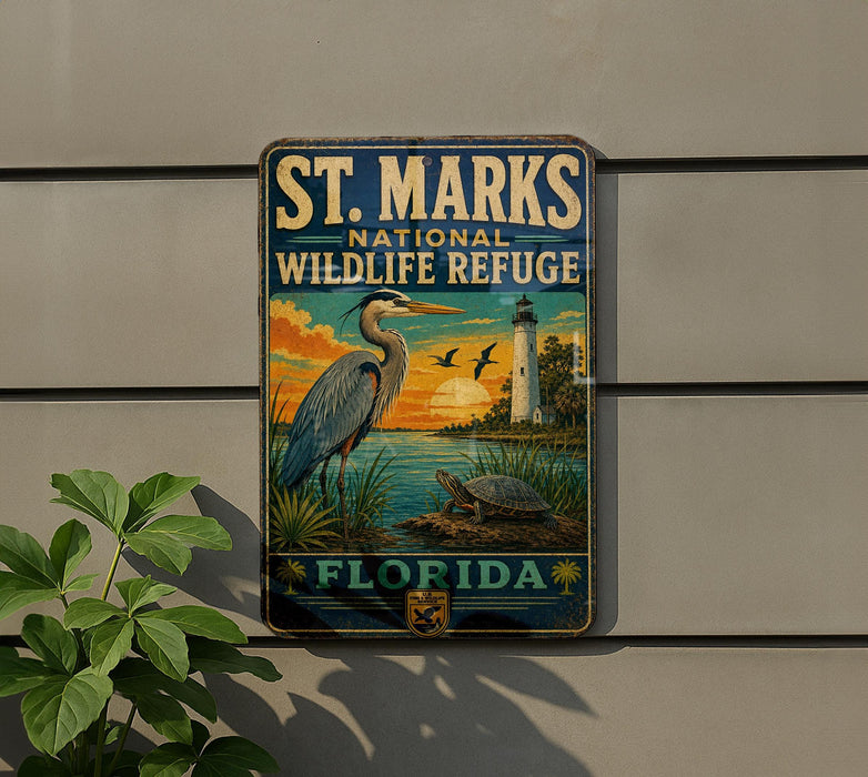 A metal sign for St. Marks National Wildlife Refuge in Florida, featuring an illustration of a heron and a lighthouse.