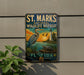 A metal sign for St. Marks National Wildlife Refuge in Florida, featuring an illustration of a heron and a lighthouse.
