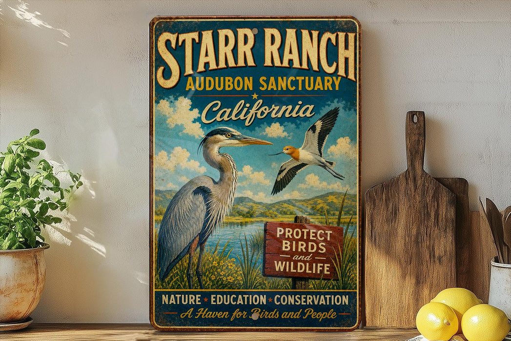 A vintage-style sign for the Starr Ranch Audubon Sanctuary in California, featuring illustrations of birds and wildlife, along with a message about protecting birds and wildlife.