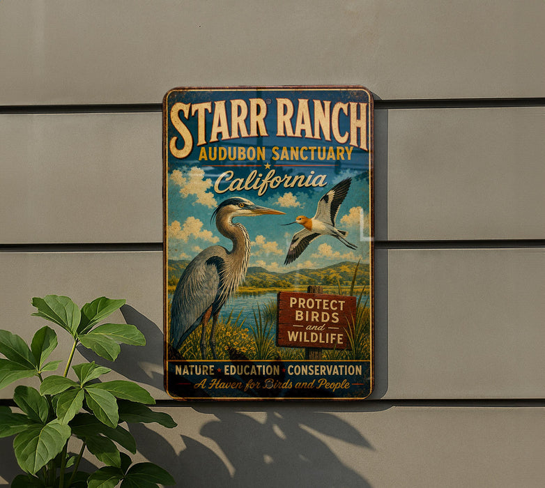 A vintage metal sign for the Starr Ranch Audubon Sanctuary in California, featuring illustrations of birds and wildlife.