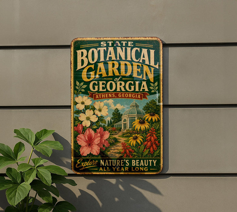 A vintage-style metal sign for the State Botanical Garden in Athens, Georgia, featuring a colorful illustration of flowers and a building.