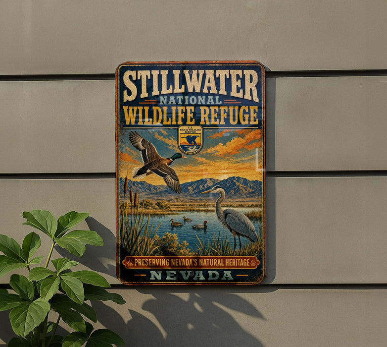 A vintage-style metal sign for the Stillwater National Wildlife Refuge in Nevada, featuring an illustration of ducks and other wildlife against a scenic landscape.