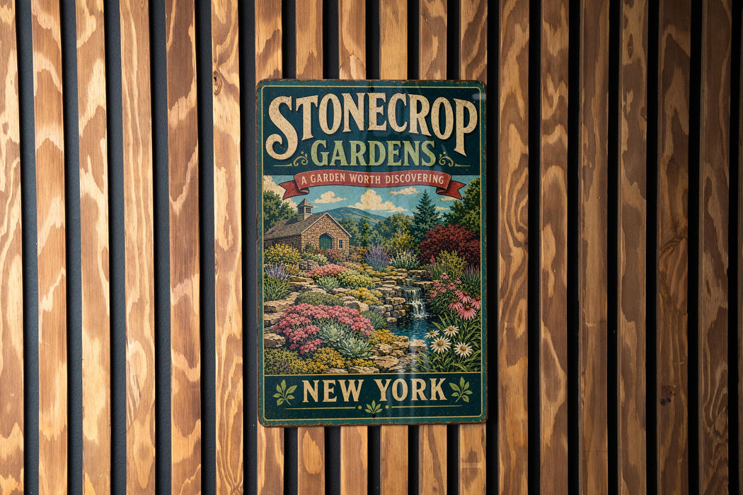 A vintage-style metal sign for "Stonecrop Gardens" in New York, featuring a garden scene with a house and flowers.