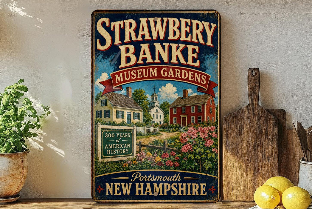A vintage-style metal sign for the Strawberry Banke Museum Gardens in Portsmouth, New Hampshire, featuring a colorful illustration of a historic house surrounded by flowers and a path leading to the entrance.