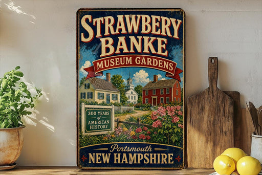 A vintage-style metal sign for the Strawberry Banke Museum Gardens in Portsmouth, New Hampshire, featuring a colorful illustration of a historic house surrounded by flowers and a path leading to the entrance.