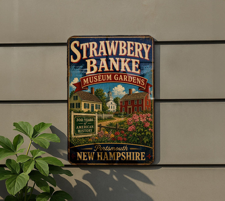 A vintage-style sign for Strawberry Banke Museum Gardens in New Hampshire, featuring a colorful illustration of a historic building surrounded by flowers.