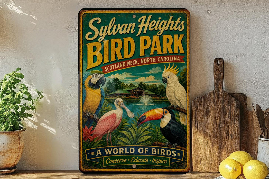 A vintage-style metal sign for Sylvan Heights Bird Park, featuring illustrations of various colorful birds in a tropical setting.