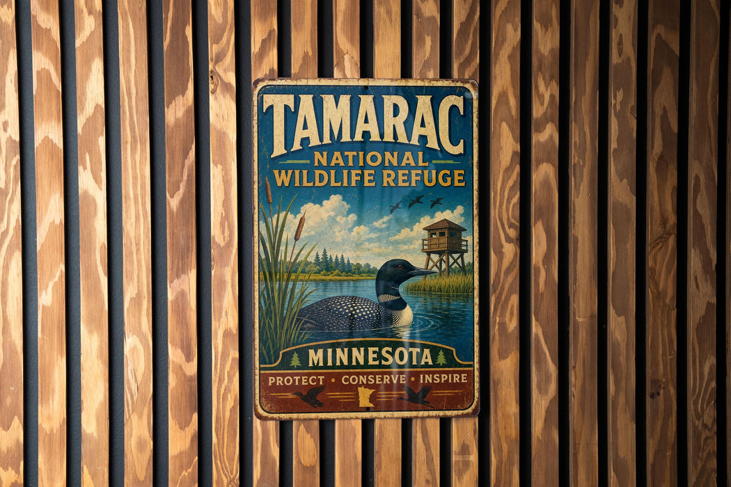 A vintage-style metal sign for Tamarac National Wildlife Refuge in Minnesota, featuring a duck and a bird in a natural setting.