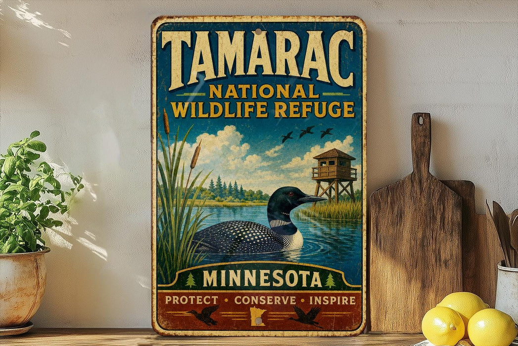 A vintage-style sign for the Tamarac National Wildlife Refuge in Minnesota, featuring a loon and a wooden cabin in a lake setting.