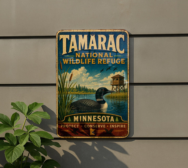 A vintage-style metal sign for Tamarac National Wildlife Refuge in Minnesota, featuring an illustration of a bird in a lake surrounded by reeds and a birdhouse.
