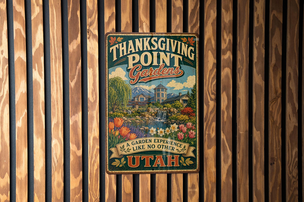 A vintage-style metal sign for Thanksgiving Point Gardens in Utah, featuring a scenic landscape with a waterfall and colorful flowers.
