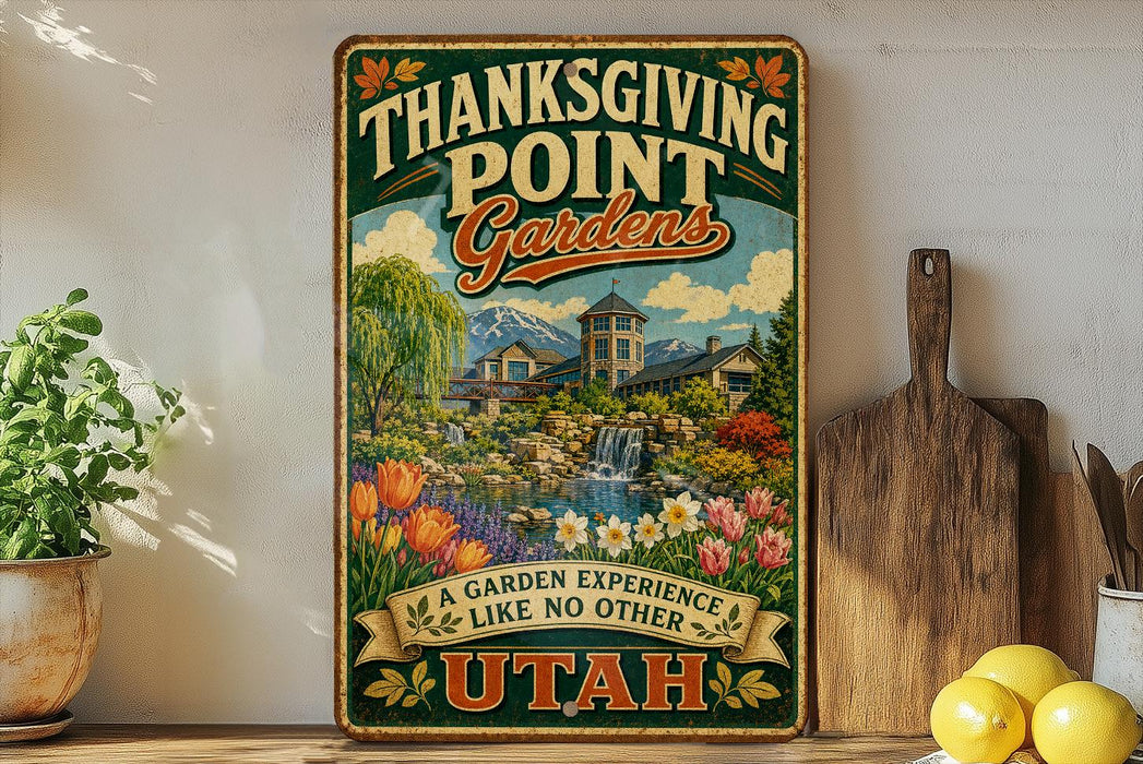 A vintage-style sign for Thanksgiving Point Gardens in Utah, featuring a garden scene with a waterfall and colorful flowers.