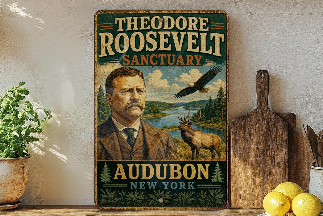A vintage-style poster featuring Theodore Roosevelt, the 26th President of the United States, with an illustration of him in a suit and tie standing next to a bird and a deer in a forest setting.