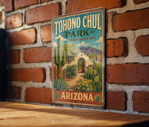 A vintage-style metal sign for Tohono Chul Park, featuring a desert garden oasis landscape with cacti, flowers, and a white archway entrance.
