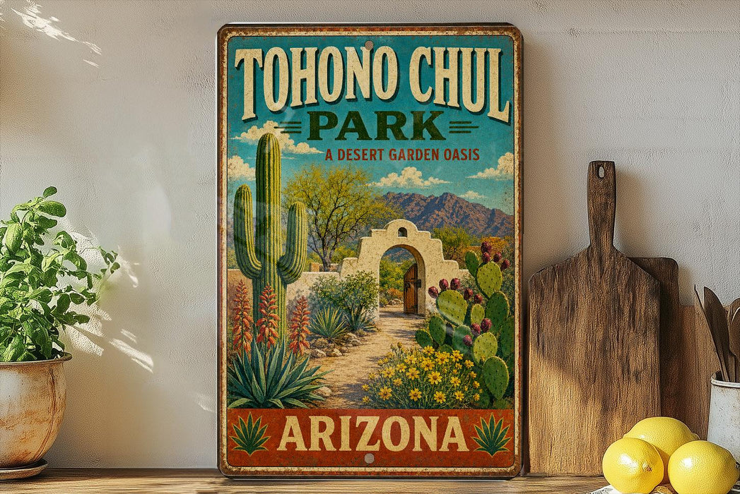 A vintage-style metal sign for Tohono Chul Park, featuring a desert garden oasis with cacti, succulents, and a wooden archway entrance.