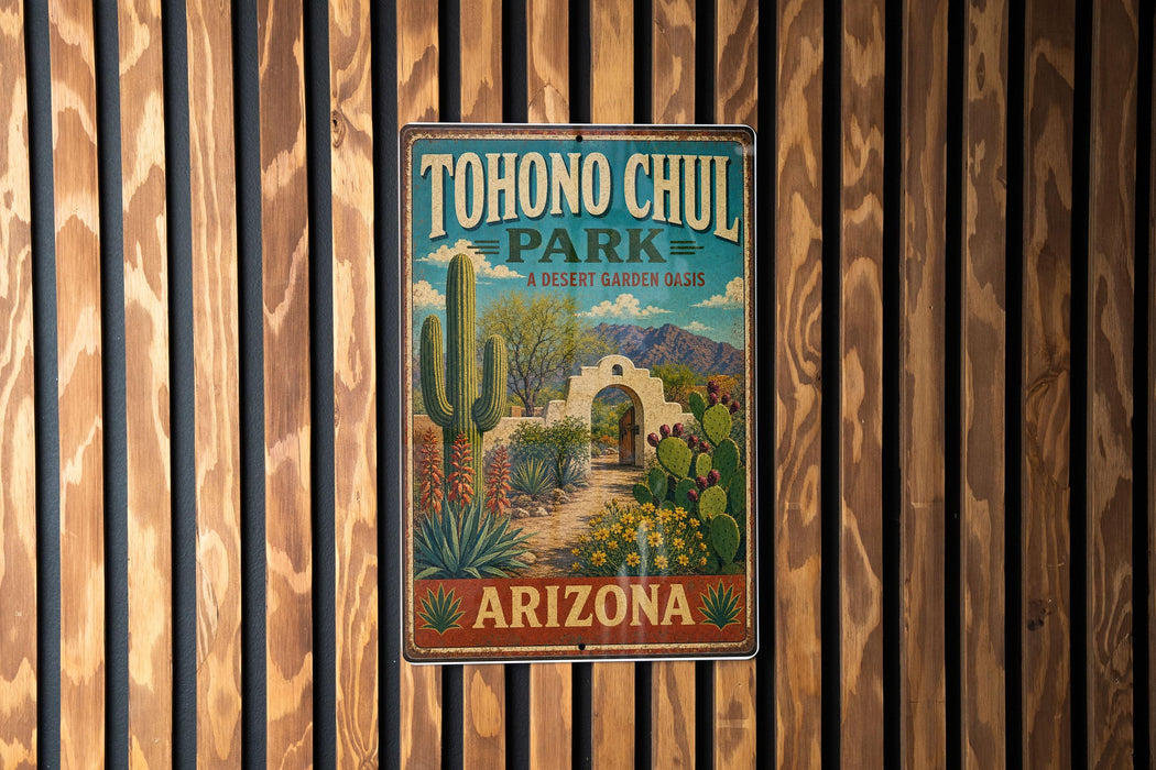 A vintage-style metal sign for Tohono Chul Park, featuring a desert garden and cacti, is displayed on a wooden wall.
