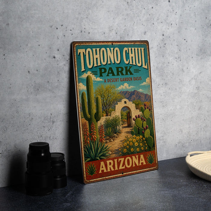A vintage-style metal sign for Tohono Chul Park, featuring a desert garden oasis with cacti, succulents, and a path leading to a gate.