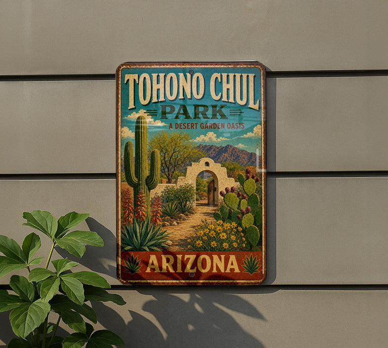 A vintage-style metal sign for Tohono Chul Park, featuring a desert garden oasis with cacti, succulents, and a path leading to a white archway.